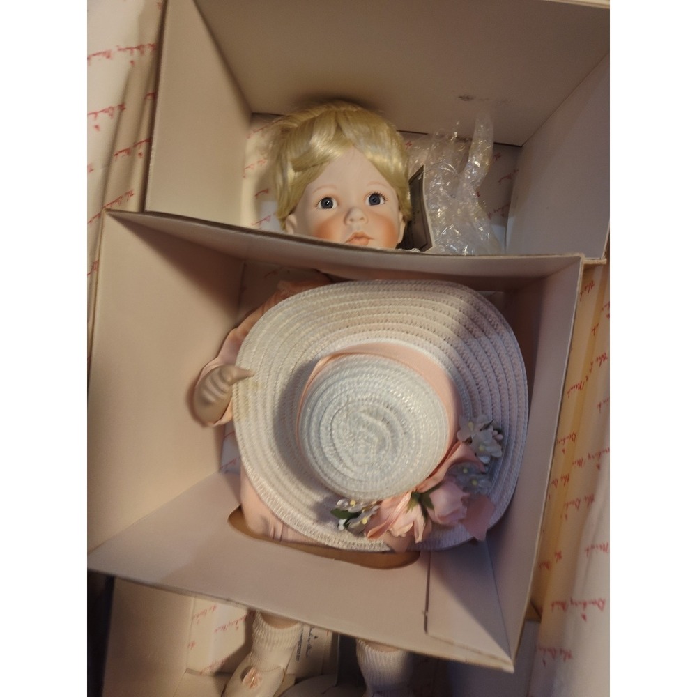 Vintage 1993 Danbury Mint Porcelain Doll Blonde Hair Pink Dress Straw Hat Stand